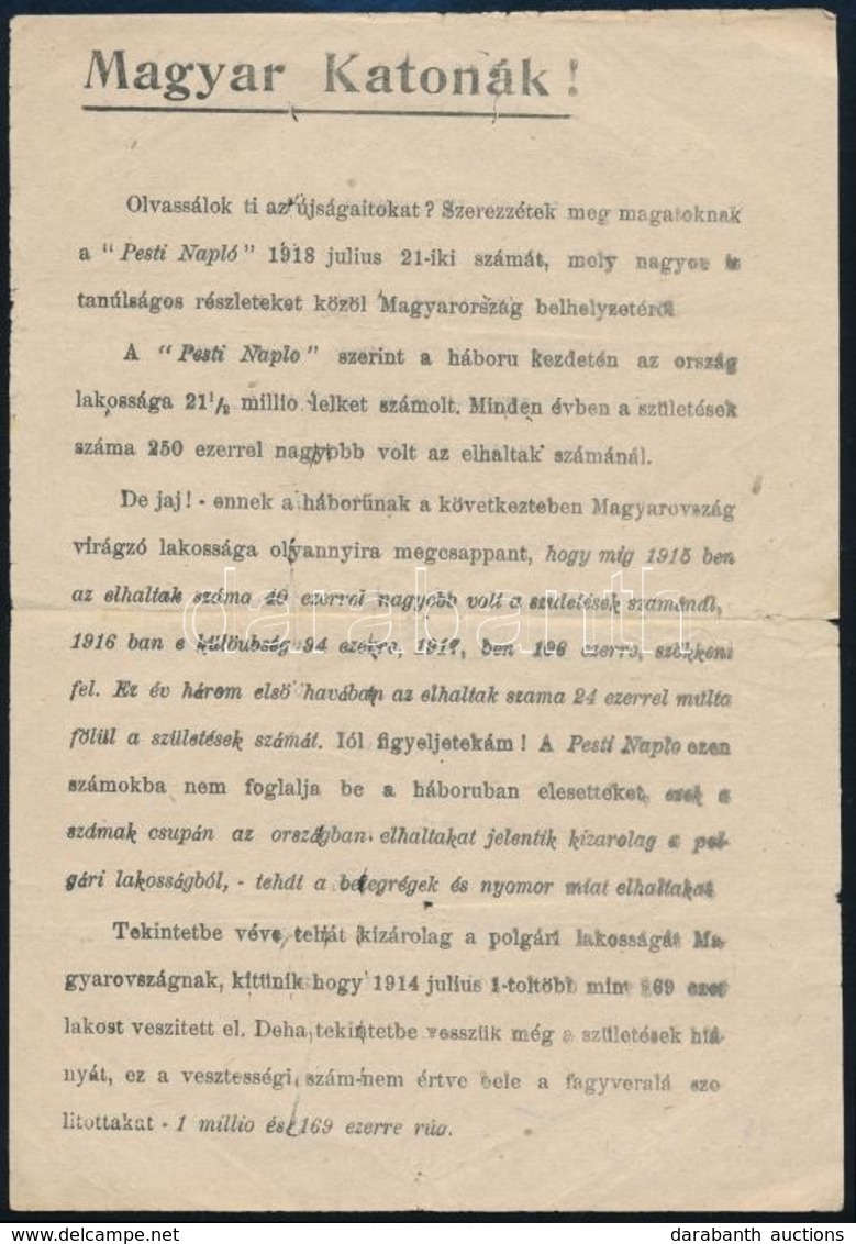 1918 'Magyar Katonák! Olvassátok Ti Az újságaitokat?', Nyomtatott Röplap - Sonstige & Ohne Zuordnung