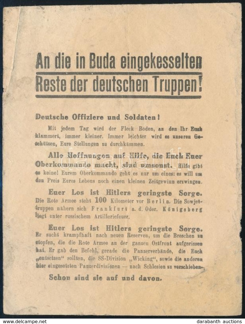 1945 A Német Katonákhoz Intézett Oroszok által Kiadott Német Nyelvű Röplap Budapest Ostromáról - Sonstige & Ohne Zuordnung