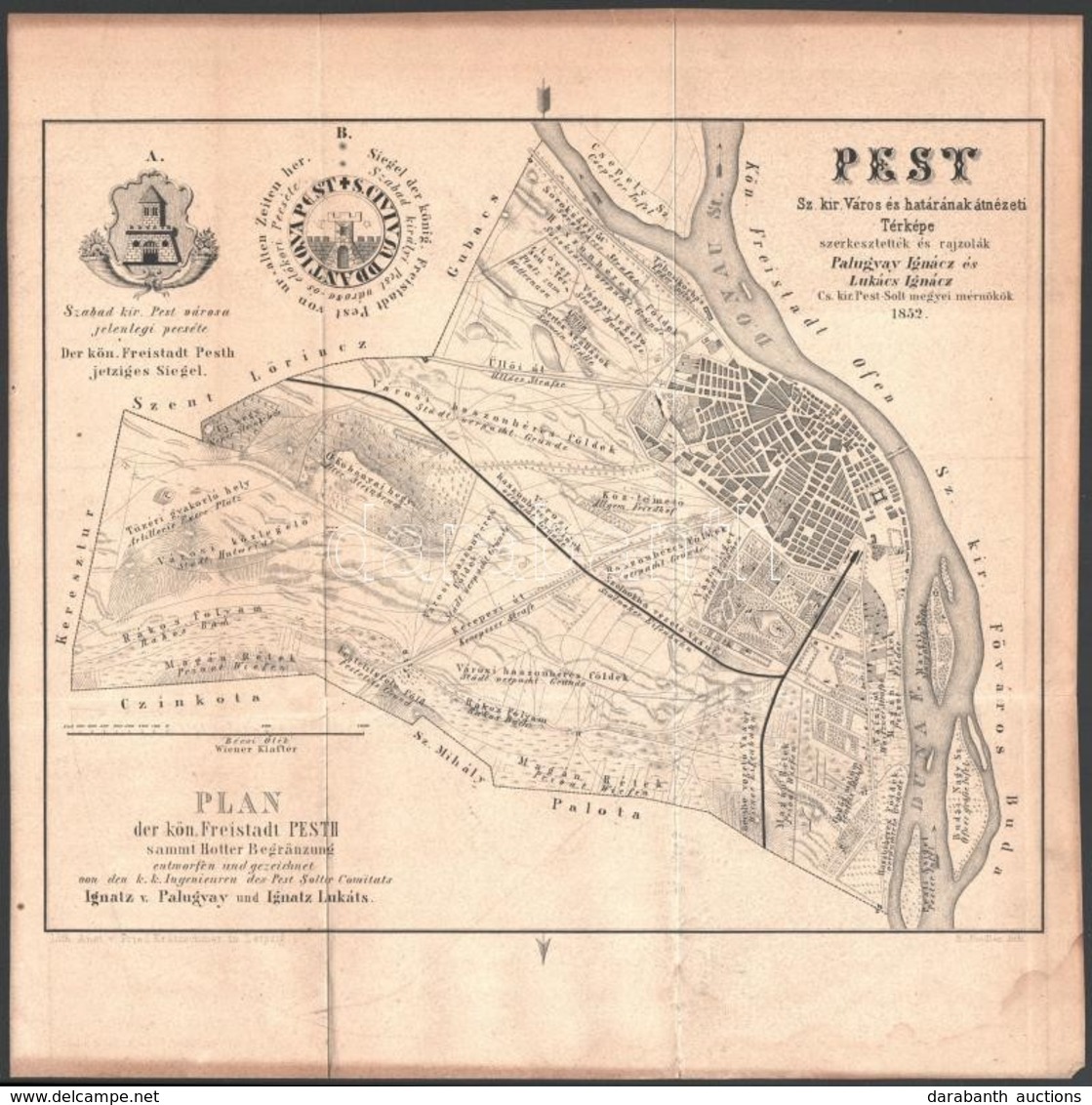 1852 Pest Sz. Kir. Város és Határának átnézeti Térképe, Szerk.: Palugyay Ignác -- Lukács Ignác, Kőnyomatos Magyar és Ném - Other & Unclassified