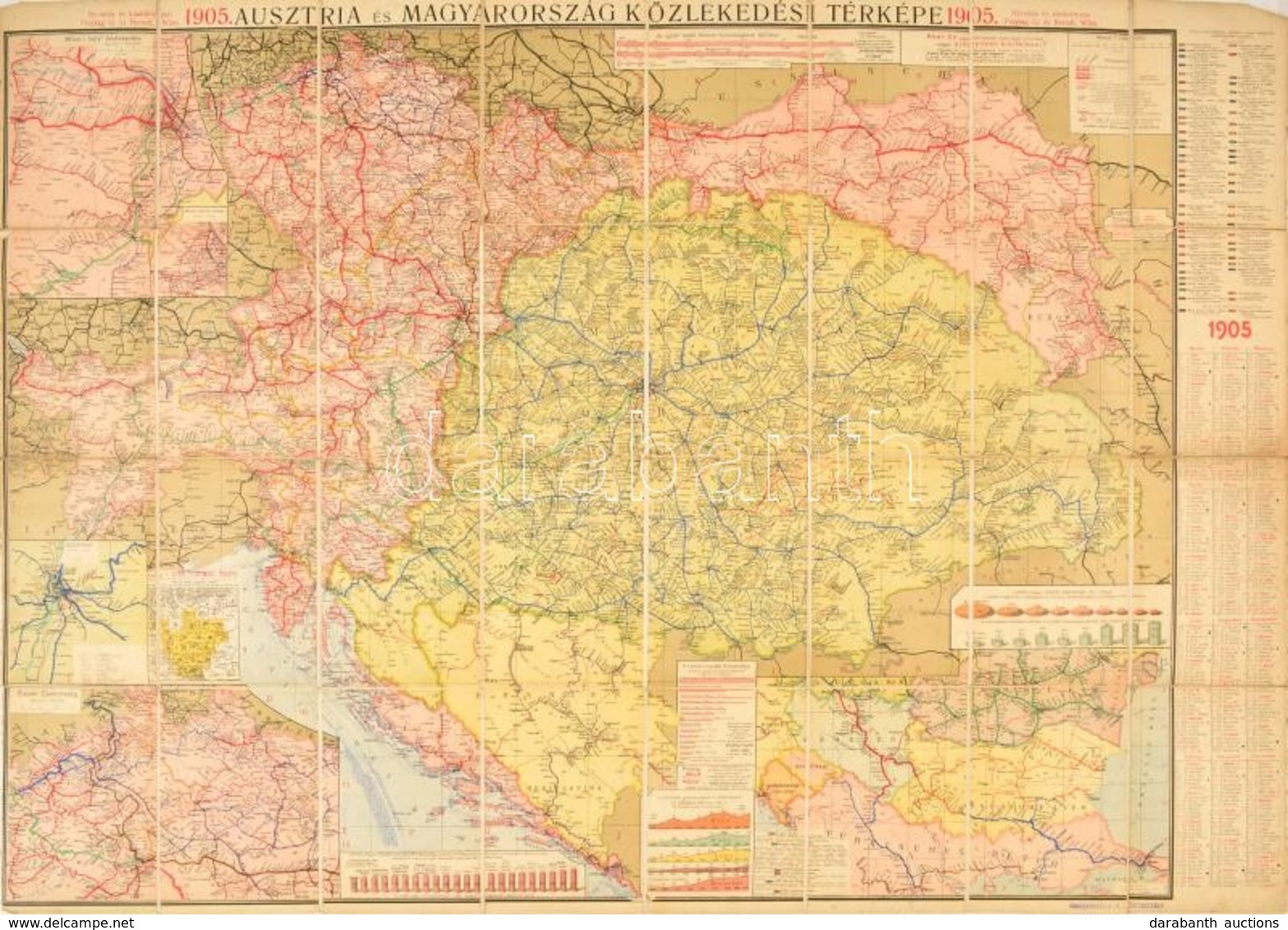 1905 Ausztria és Magyarország Közlekedési Térképe, 1:1500000, Freytag G. és Berndt, Bécs, Vászonra Kasírozva, 100×71 Cm  - Altri & Non Classificati