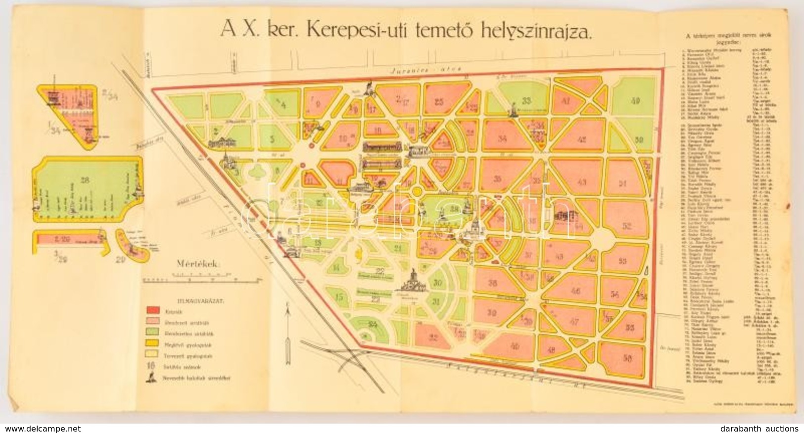 A X. Ker. Kerepesi úti Temető Helyszínrajza, Klösz György és Fia Térképészeti Műintézet, Budapest, 31×60 Cm - Otros & Sin Clasificación