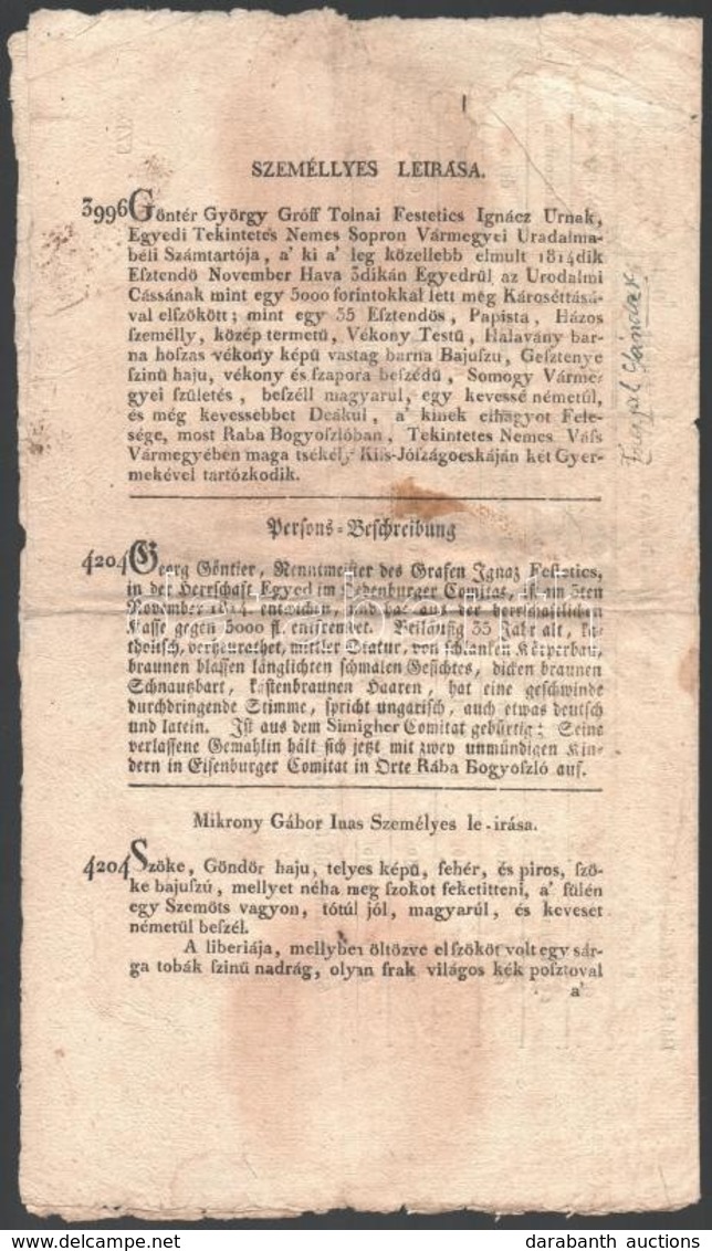 1815 Körözött Személyek, Illetve Elcsatangolt Jószágok Leírásai (Teschen, Szentes, Hódmezővásárhely), Nyomtatott Hirdetm - Non Classés