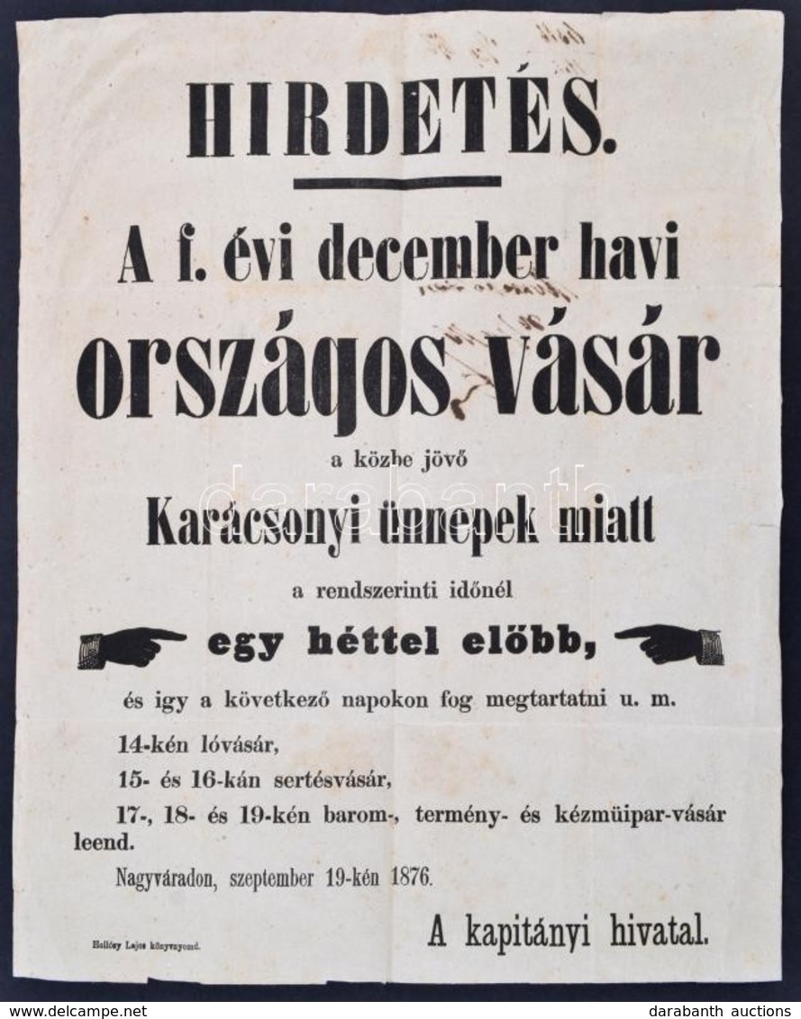 1876 Nagyvárad. Országos Vásár Hirdetmény. 32x40 Cm - Sin Clasificación