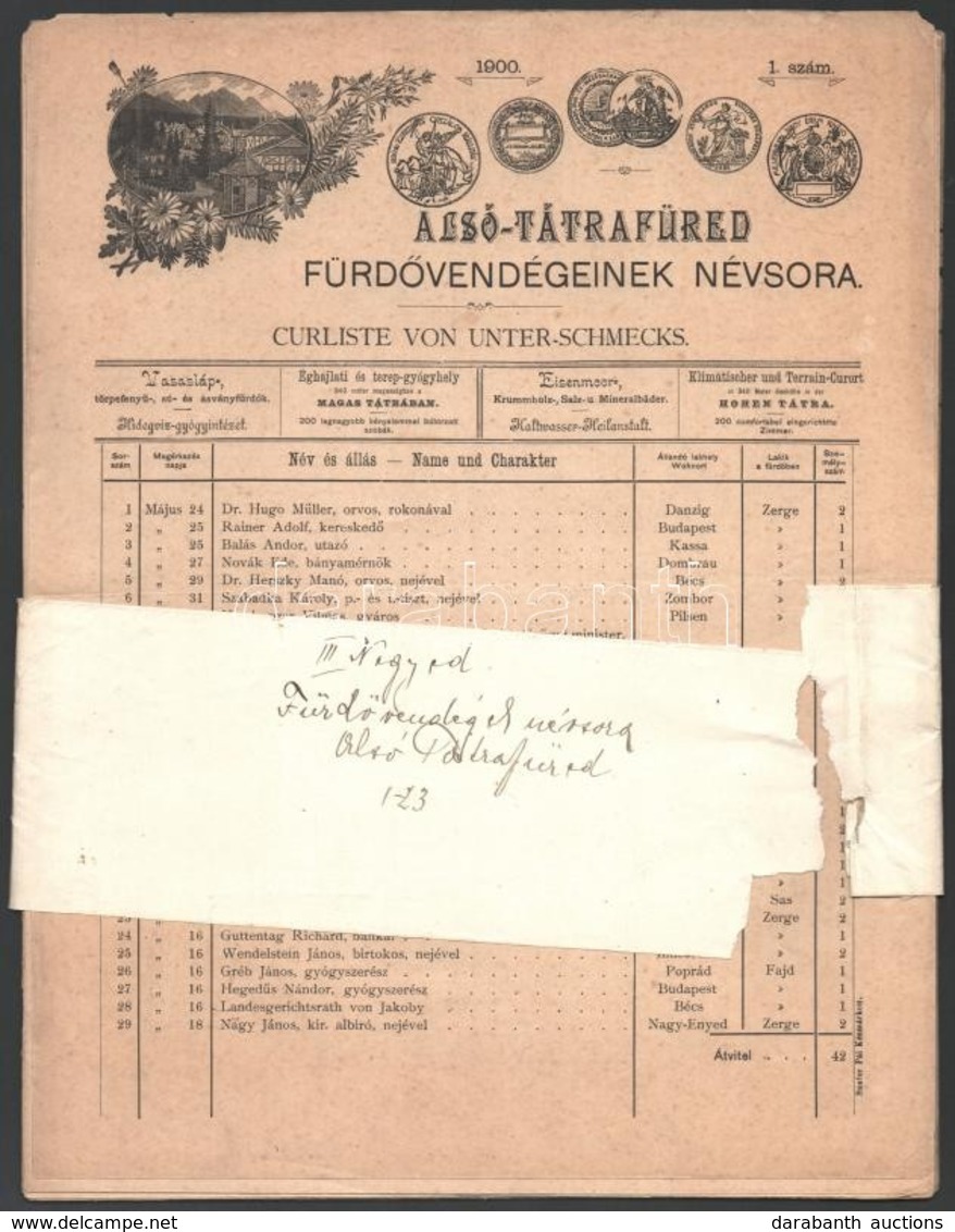 1900 Alsótátrafüred Fürdővendégeinek Névsora, 1-23. Szám - Zonder Classificatie