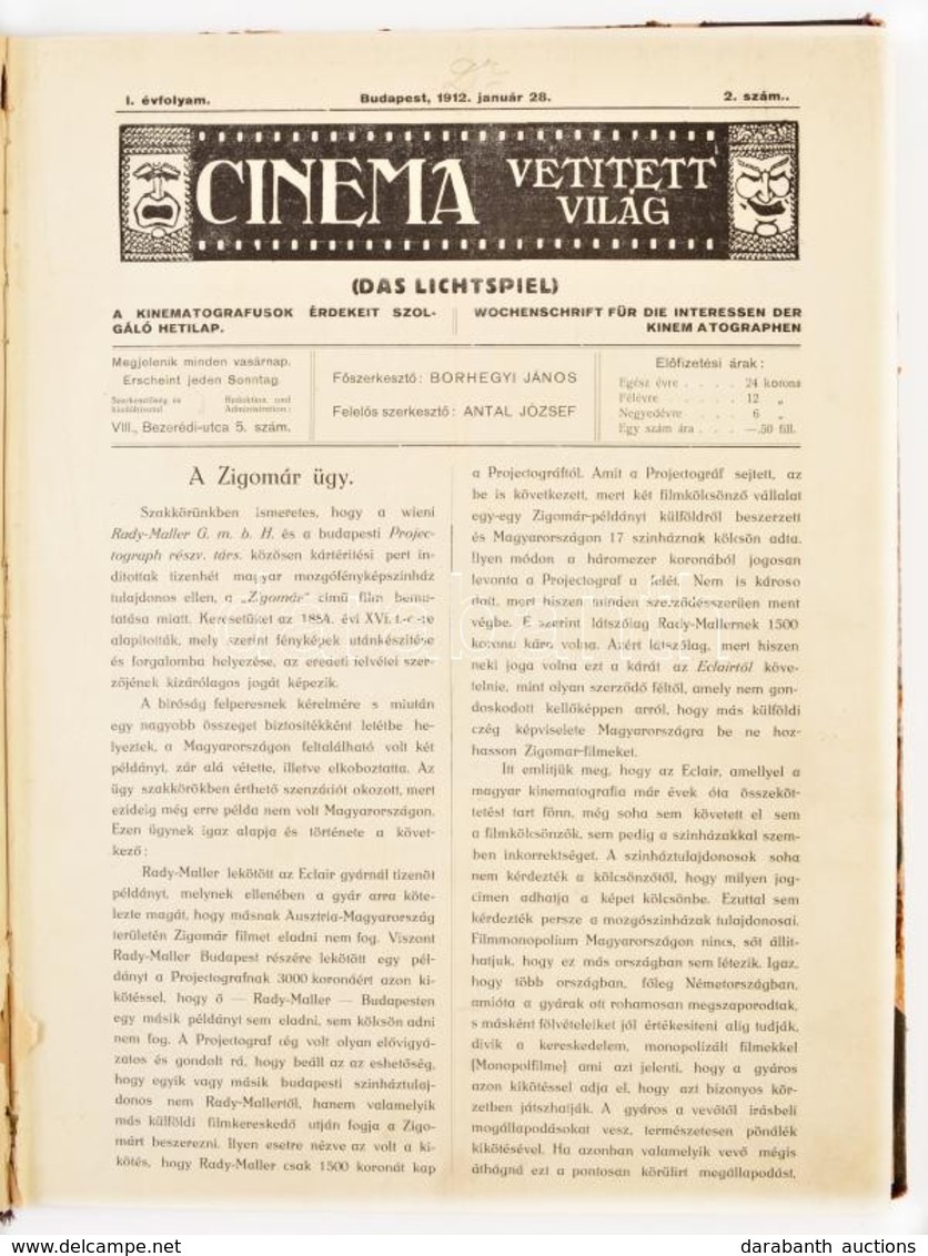 1912 Cinema, Vetített Világ. A Kinematográfusok érdekeit Szolgáló Hetilap 1. évf. 2-9., 11-18. Száma, Kis Hiánnyal, Szám - Non Classés