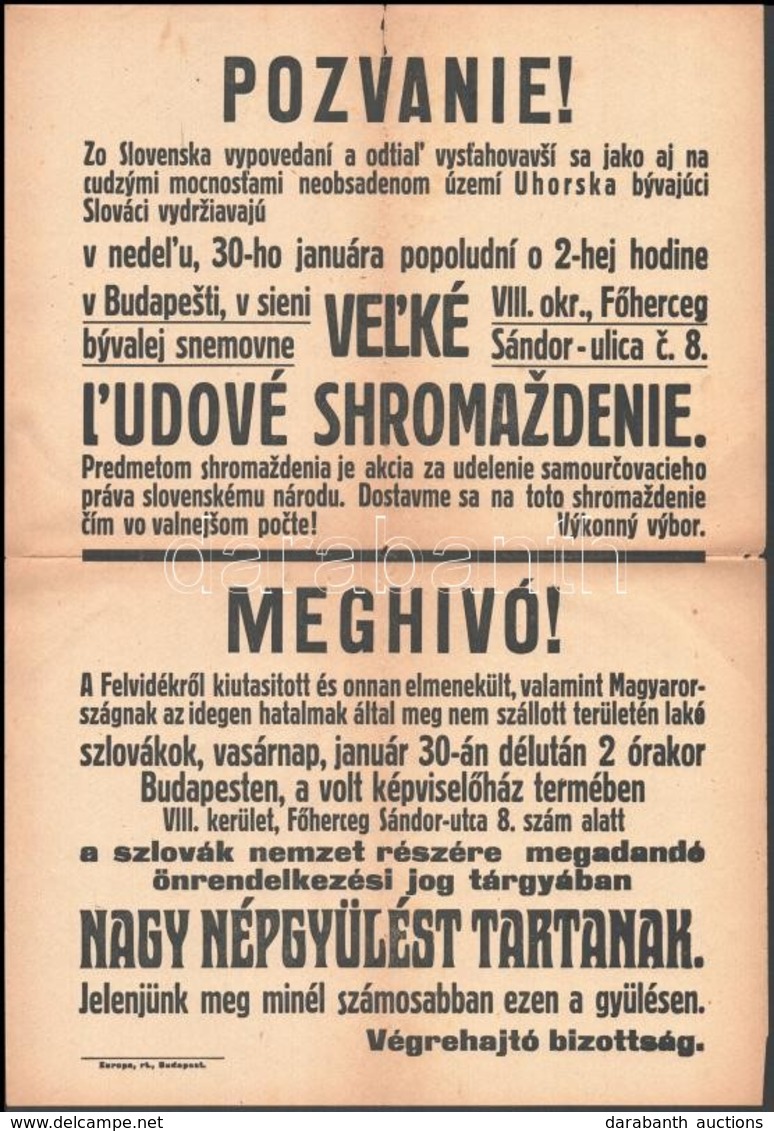 1918 Meghívó A Magyarországi Szlovákok Budapesti Nagy Népgyűlésére, Hirdetmény Magyar és Szlovák Nyelven, Kis Szakadássa - Ohne Zuordnung