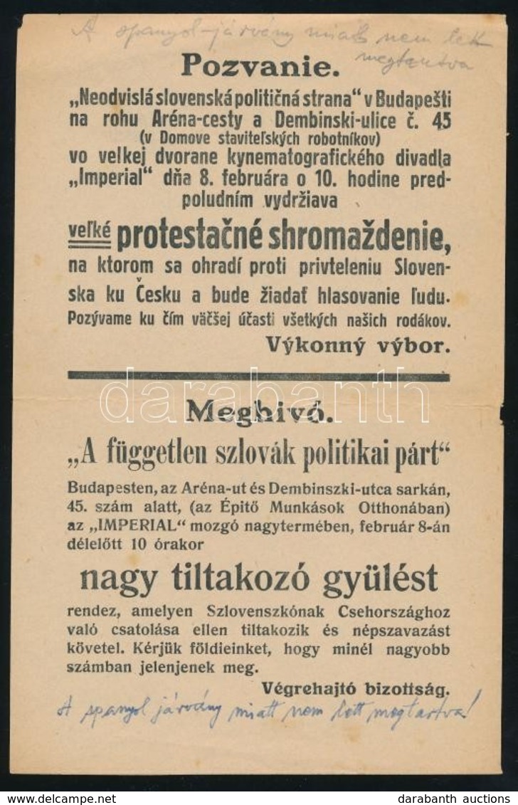 1918 Meghívó A Független Szlovák Politikai Párt Szlovákiának Csehországhoz Való Csatolása Ellen Tiltakozó Gyűlésére (a S - Non Classés