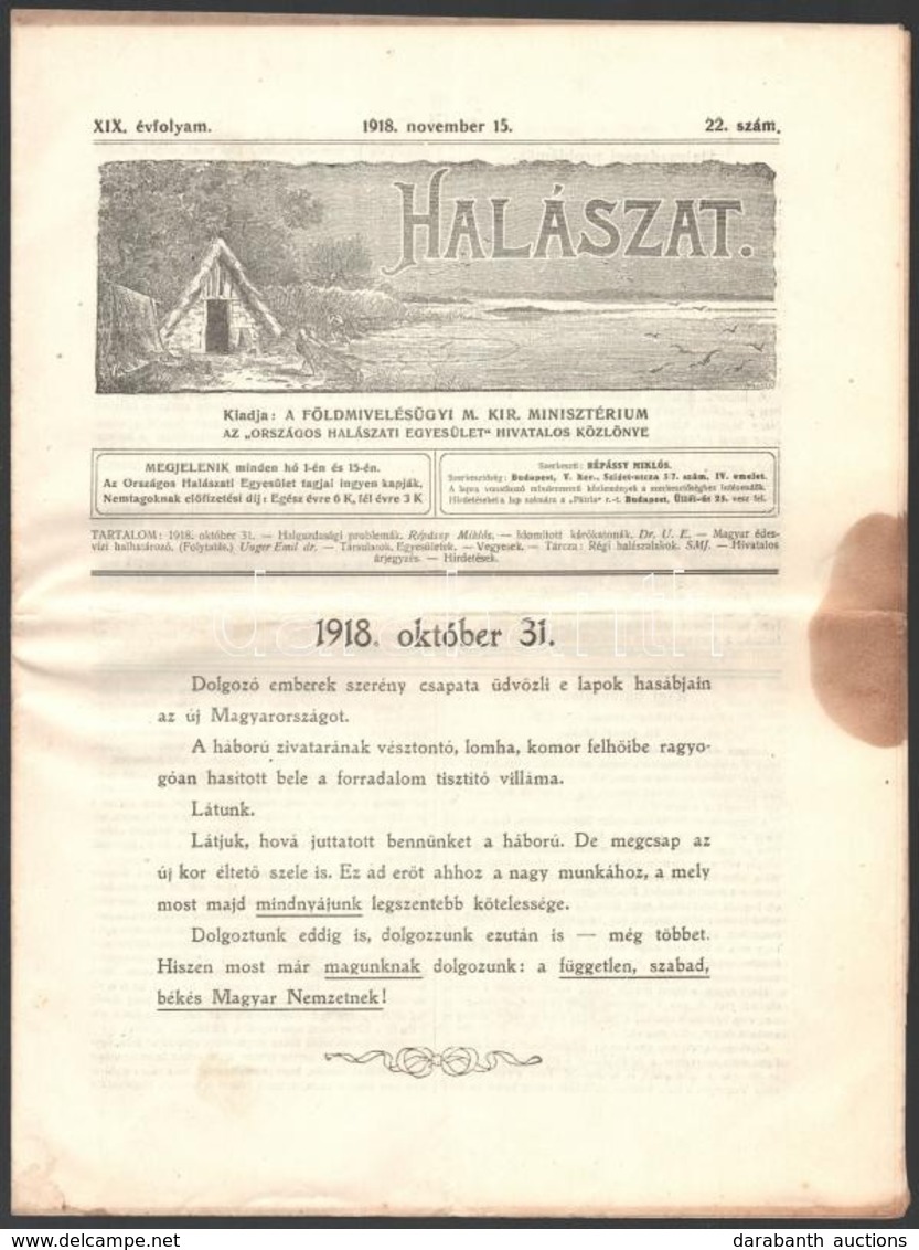 1918 A Halászat Című újság 22. Száma, Címlapon Az Őszirózsás Forradalom Szózatával - Non Classés