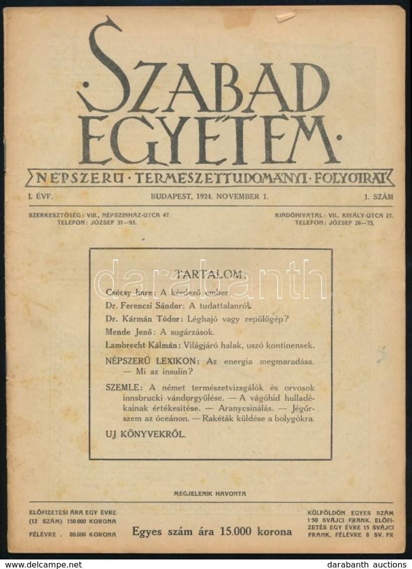 1924 A Szabad Egyetem Népszerű Természettudományi Folyóirat I. évfolyamának 1-2. Száma - Non Classés