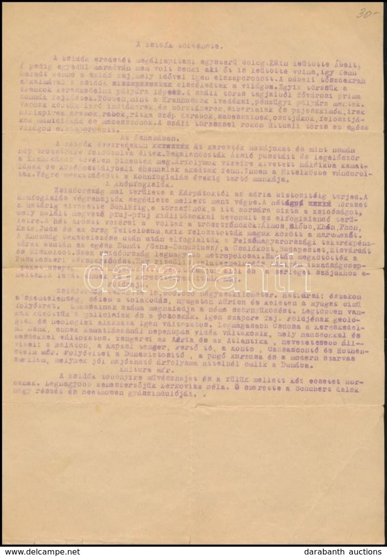 Cca 1940 'A Zsidók Története', Gunyoros Hangvételű Antiszemita írás, Gépelt, 1 P. - Non Classés