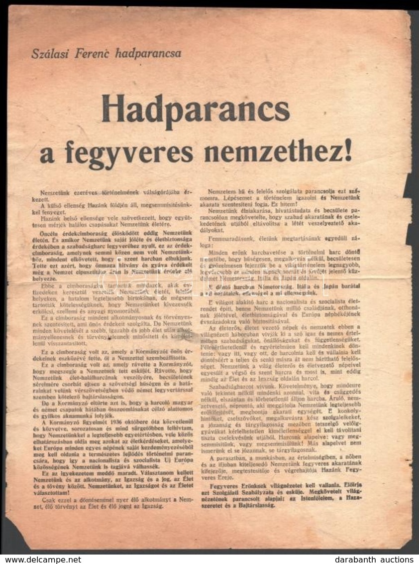 1944 Szálasi Ferenc (1897-1946) Miniszterelnök Hadparancsa A Fegyveres Nemzethez - Non Classés