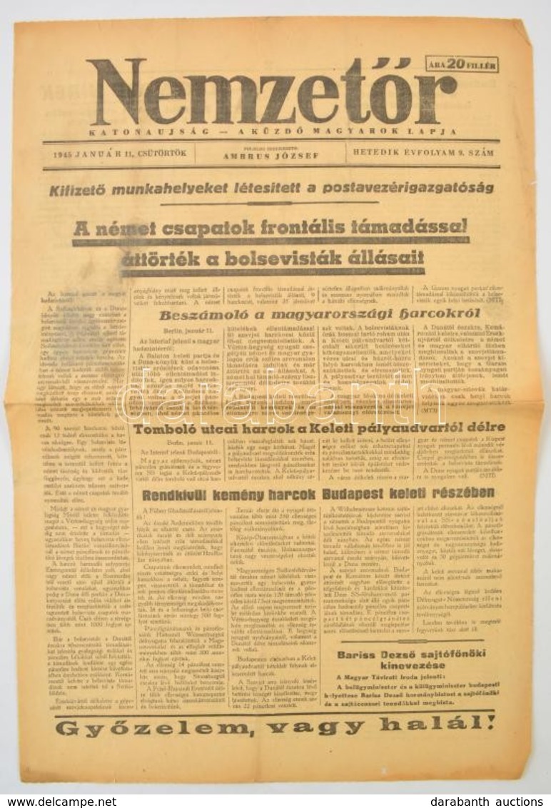 1945 A Nemzetőr Című újság 7. évfolyamának 9. Száma, Címlapon A Budapesti Harcokról Szóló Cikkel - Ohne Zuordnung