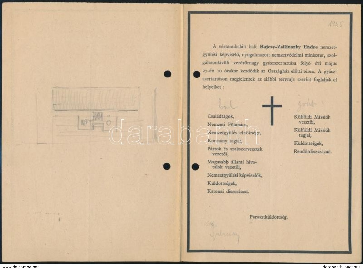 1945 Bajcsy-Zsilinszky Endre (1886-1944) Politikus Temetési Meghívója és Temetési Programja, Ceruzás Ráírásokkal - Non Classés