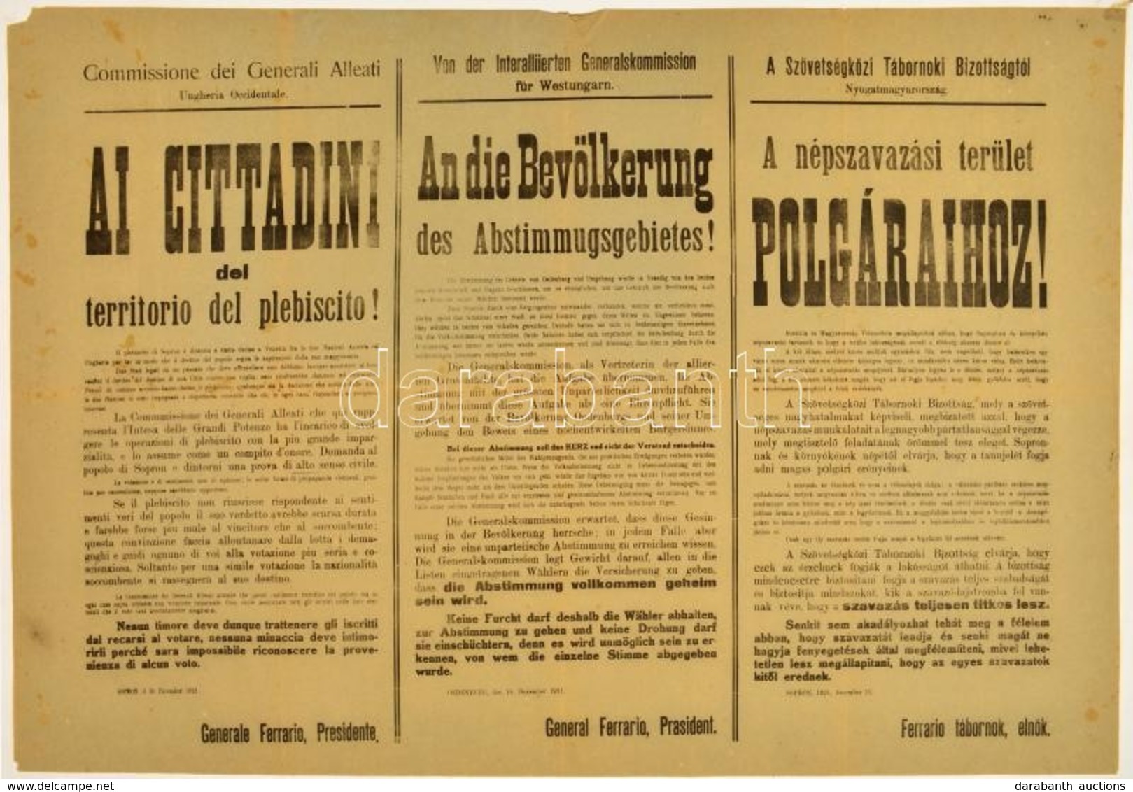 1921 A Népszavazási Terület átadása. ... Ferrario Tábornok, A Szövetségközi Tábornoki Bizottság Elnök által Kiadott Háro - Sonstige & Ohne Zuordnung