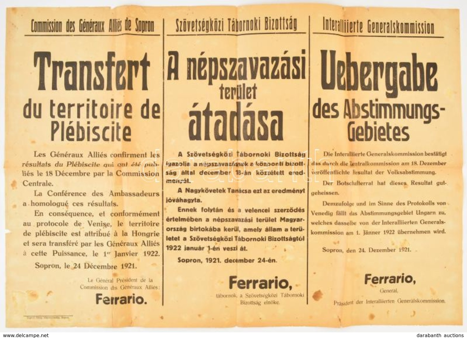 1921 A Népszavazási Terület átadása. ... Ferrario Tábornok, A Szövetségközi Tábornoki Bizottság Elnök által Kiadott Háro - Other & Unclassified