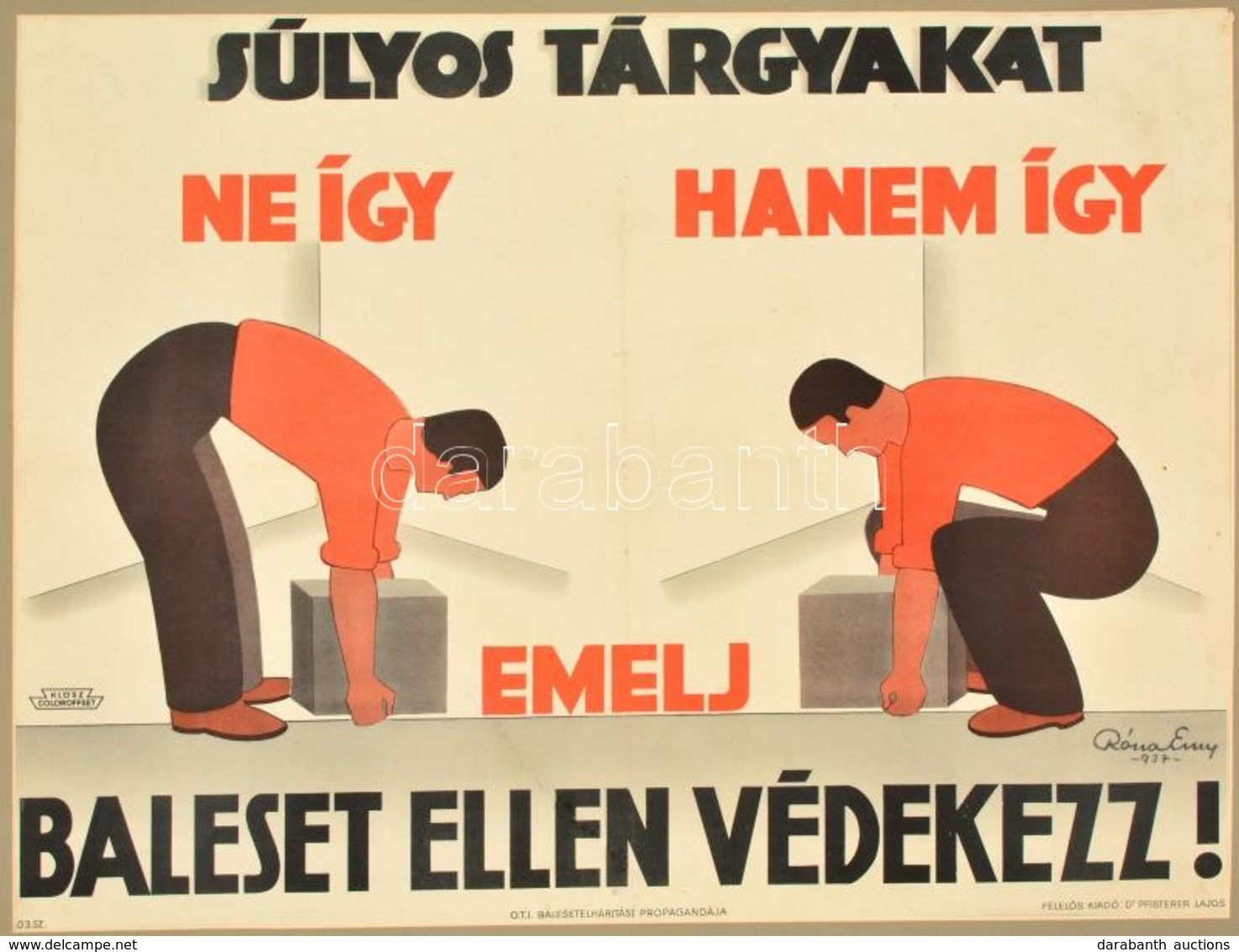 1937 Róna Emy (1904-1988): Baleset Ellen Védekezz. Art Deco  Ofszet Plakát, Restaurált, Hajtott,  Paszpartuban, 46×61 Cm - Sonstige & Ohne Zuordnung