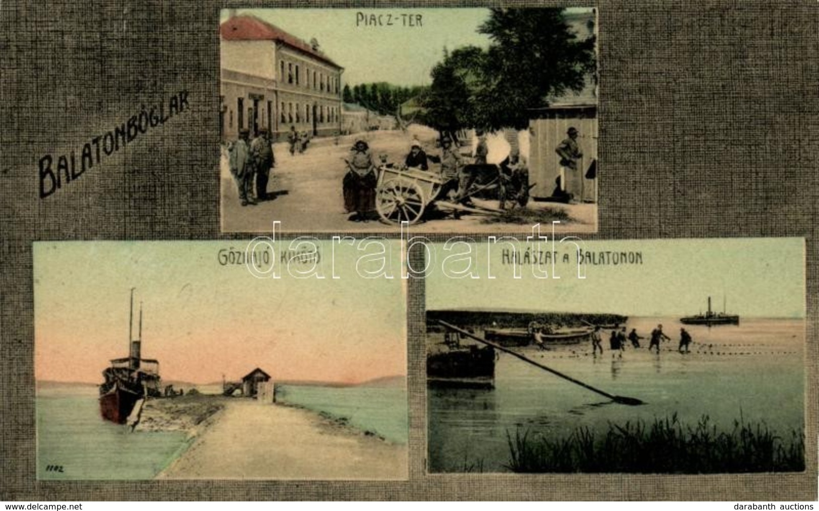 T2 Balatonboglár, Piacz-tér, Gőzhajó Kikötő, Halászat A Balatonon, Grosz Simon Kiadása - Non Classés