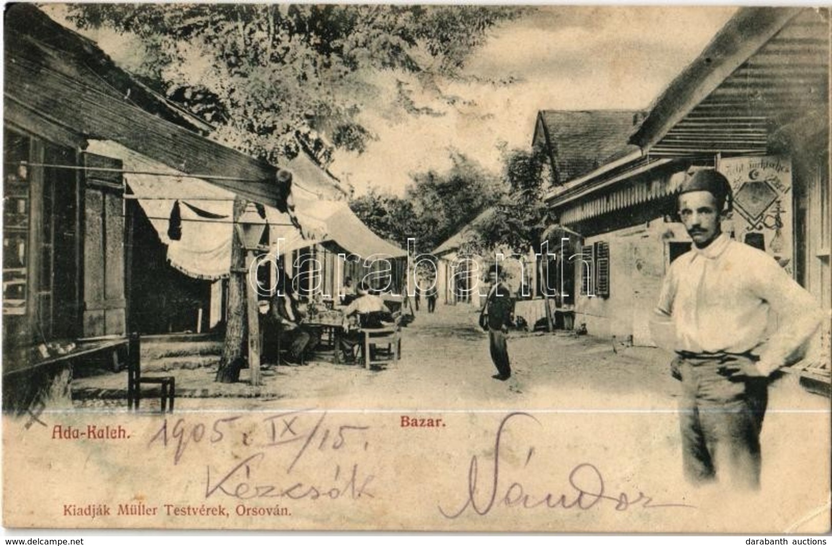 T2/T3 1905 Ada Kaleh, Bazár Törökökkel. Müller Testvérek Kiadása / Bazaar Shops With Turkish Men (EK) - Non Classés