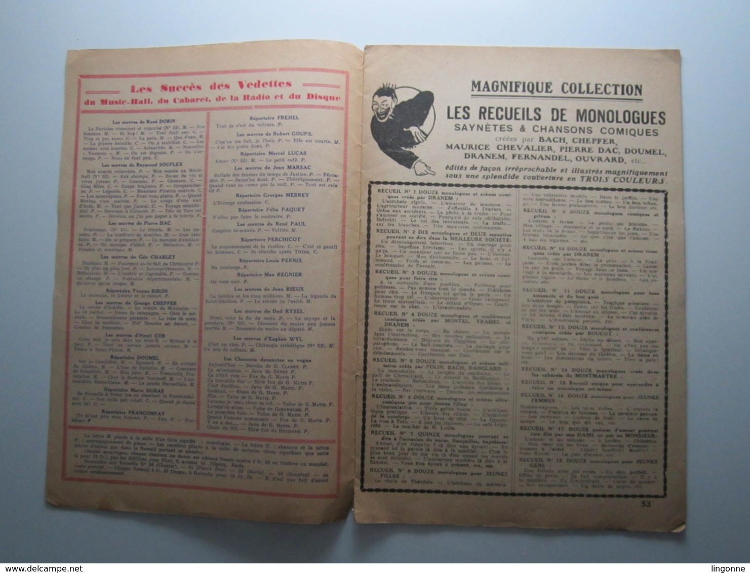 N° 53 RECUEIL DE DIX MONOLOGUES ET CHANSONS HUMORISTIQUES A SUCCÈS RAYMOND SOUPLEX - 1901-1940