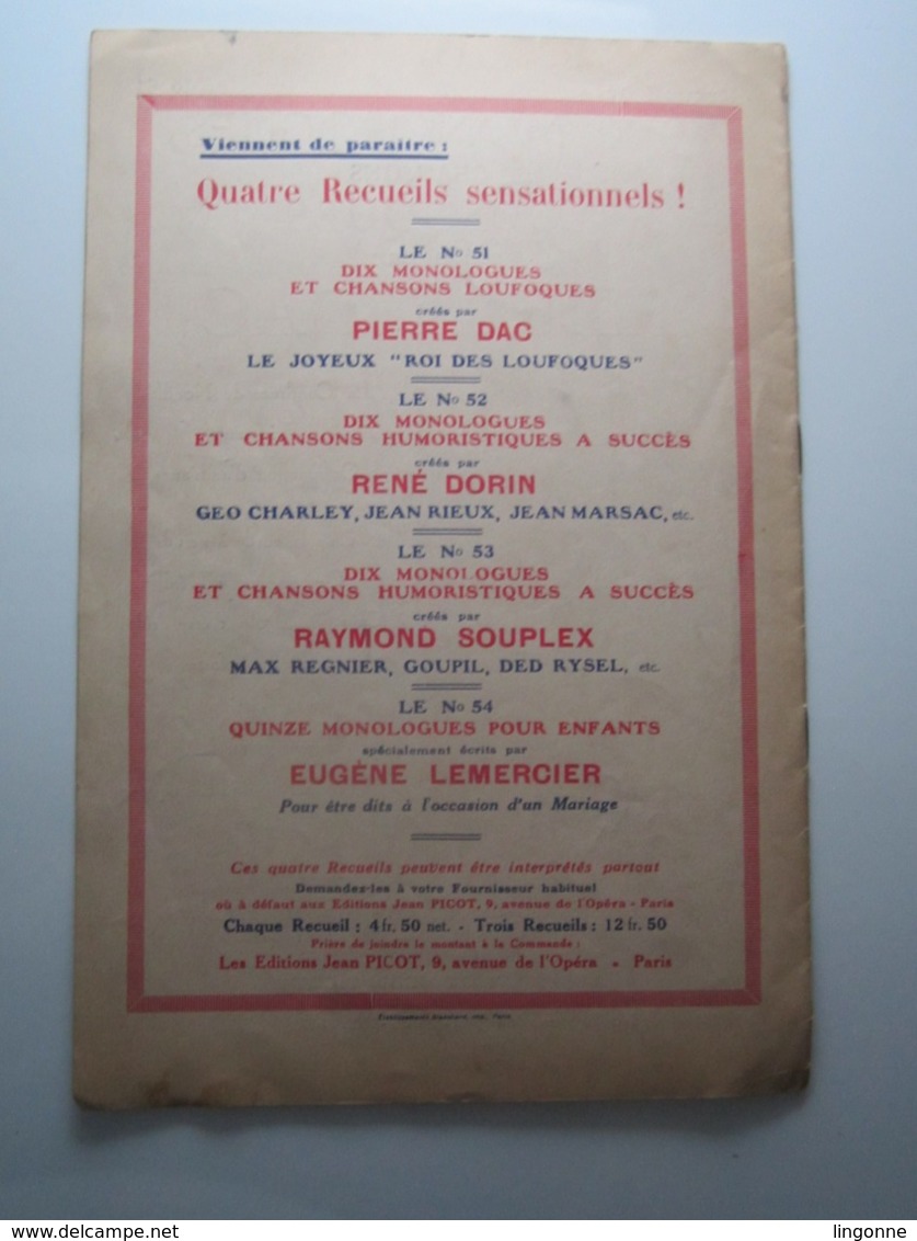 N° 53 RECUEIL DE DIX MONOLOGUES ET CHANSONS HUMORISTIQUES A SUCCÈS RAYMOND SOUPLEX