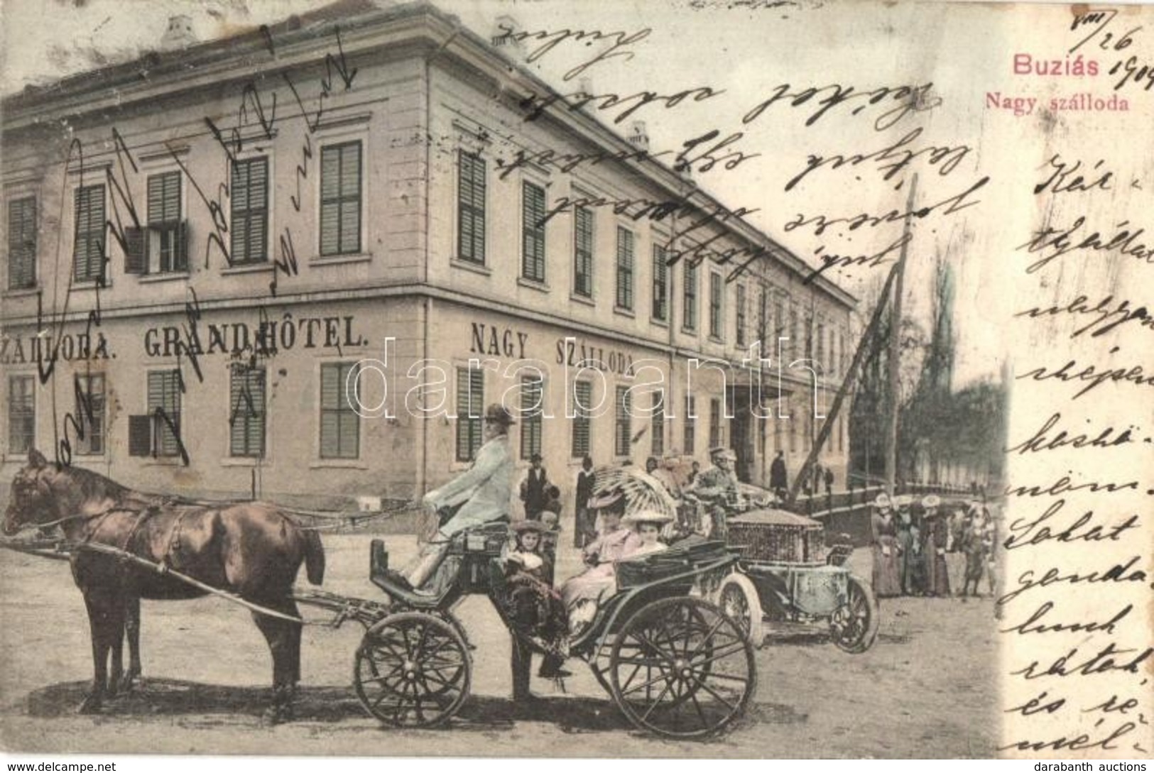 T2/T3 1904 Buziás, Nagy Szálloda. Montázslap Automobillal és Hintóval / Grand Hotel. Montage Postcard With Automobile An - Ohne Zuordnung