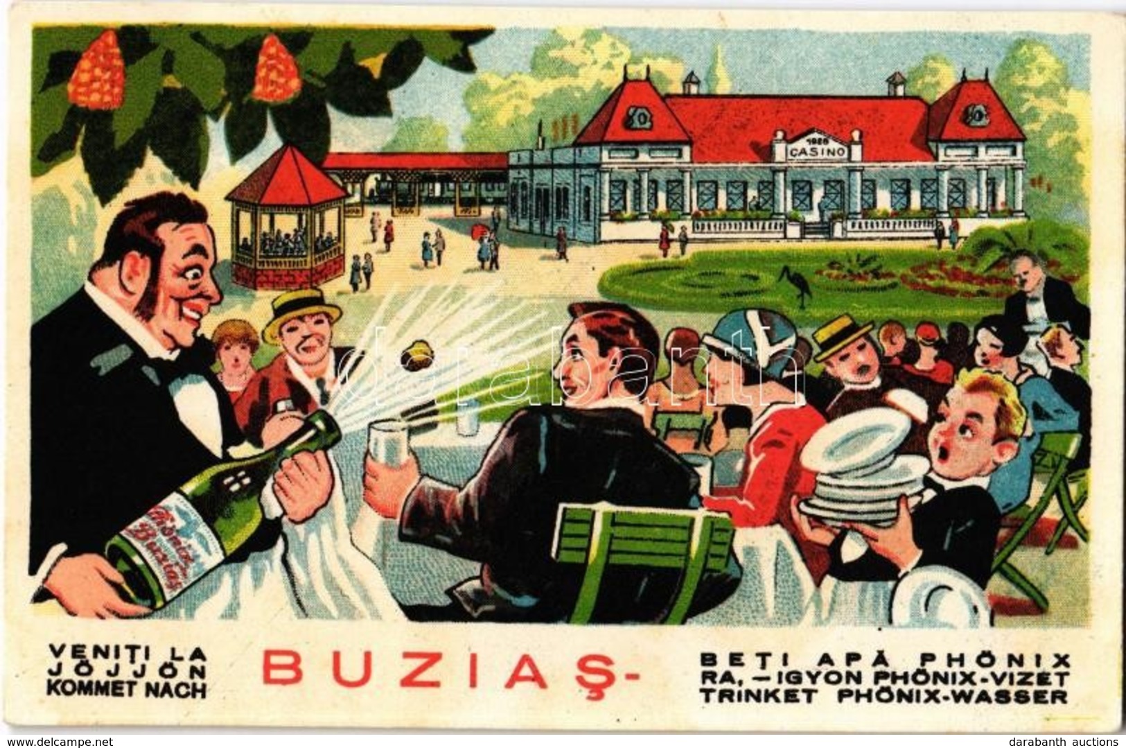 ** T1/T2 ~1930 Buziásfürdő, Baile Buzias; Phönix Víz Reklámlap A Kaszinóval. Humoros Litho Művészlap / Hungarian Mineral - Ohne Zuordnung