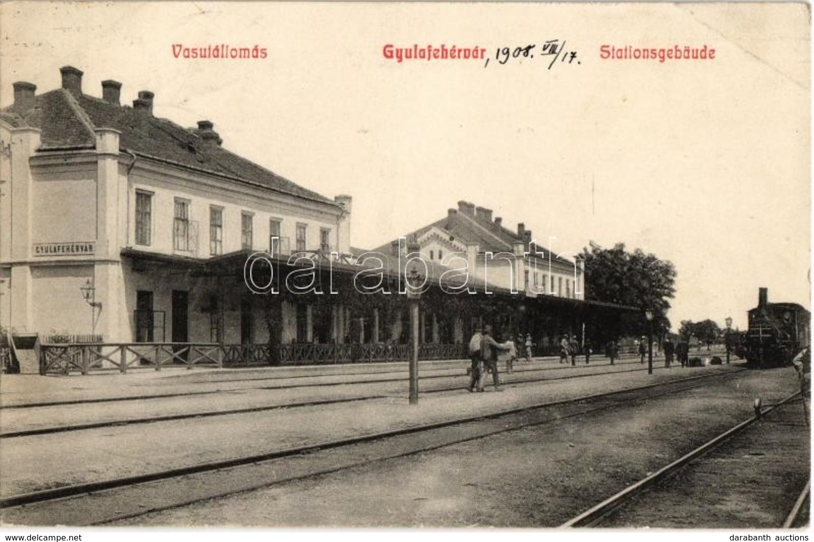 T2 1908 Gyulafehérvár, Alba Iulia; Vasútállomás, Gőzmozdony. Schäser Ferenc Kiadása / Bahnhof / Railway Station, Locomot - Ohne Zuordnung