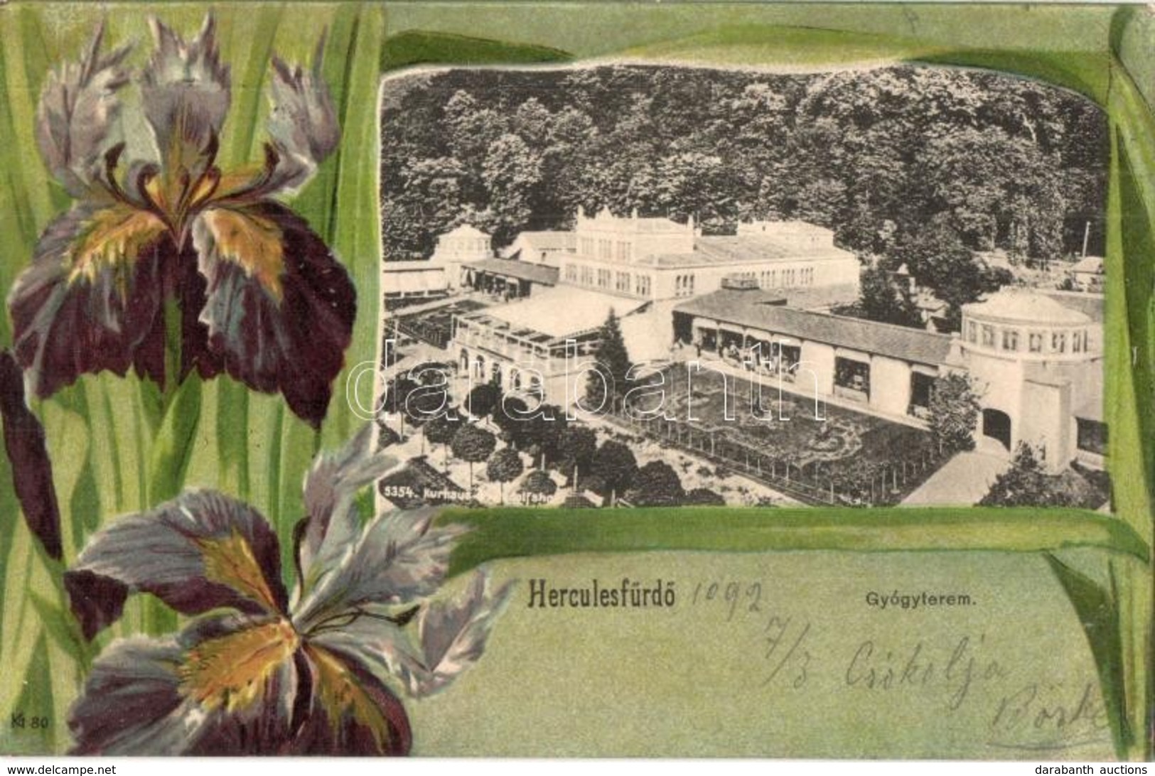 T2/T3 Herkulesfürdő, Baile Herculane; Gyógyterem, Virágos Litho Keret. Kecskeméti Sándor Kiadása / Spa. Flowers, Art Nou - Ohne Zuordnung