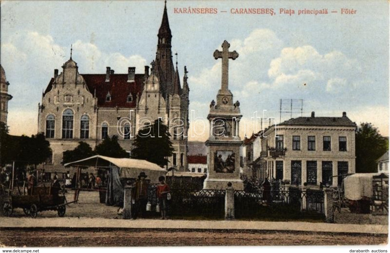 T2/T3 1917 Karánsebes, Caransebes; Fő Tér, Kereszt, Piac, Városház / Piata Principala / Main Square, Cross Monument, Mar - Ohne Zuordnung