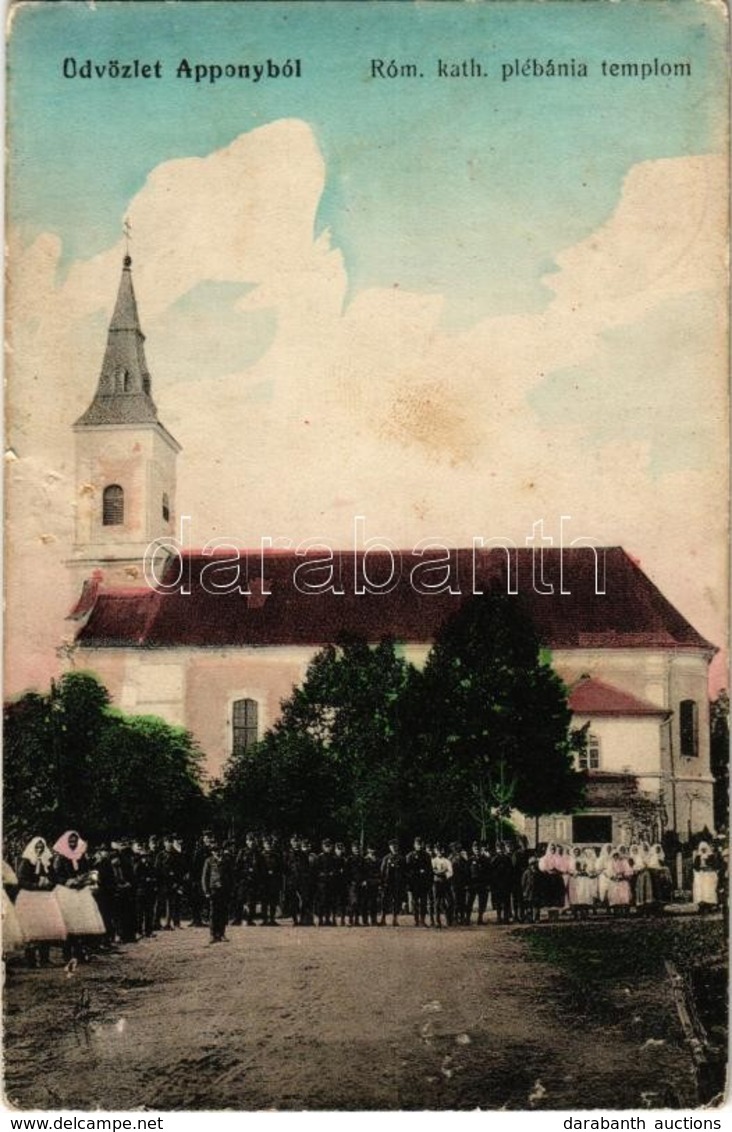 T3 1916 Appony, Oponice; Római Katolikus Plébánia Templom, ünnepség Falubeliekkel / Church, Villagers (tűnyomok / Pin Ma - Non Classés