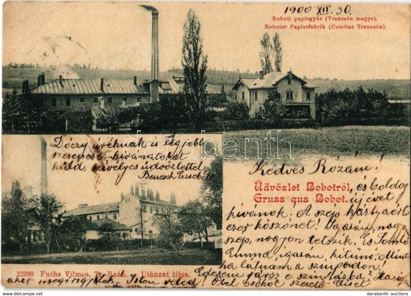 T2 1900 Bobót , Bobot (Trencsén, Trencín); Papírgyár. Fuchs Vilmos Kiadása / Papierfabrik / Paper Factory - Ohne Zuordnung