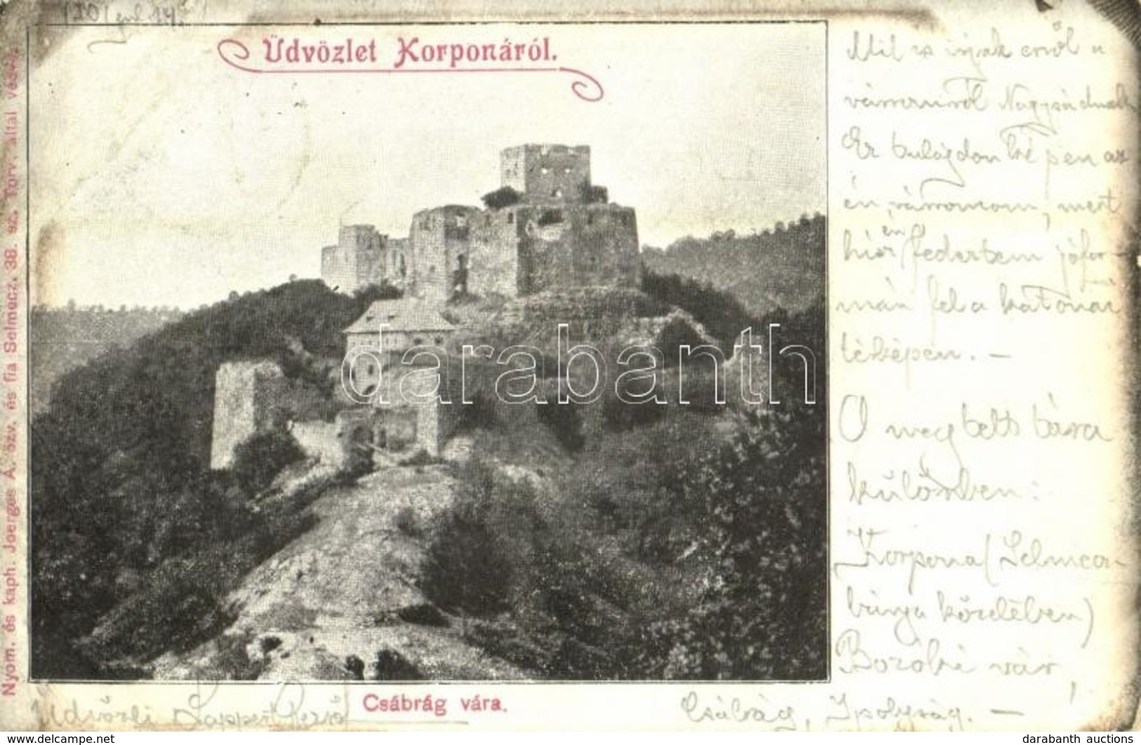 * T3 1901 Csábrágvarbók, Cabradsky Vrbovok (Korpona); Csábrág Vára. Joerges 38. Sz. / Castle (Rb) - Ohne Zuordnung