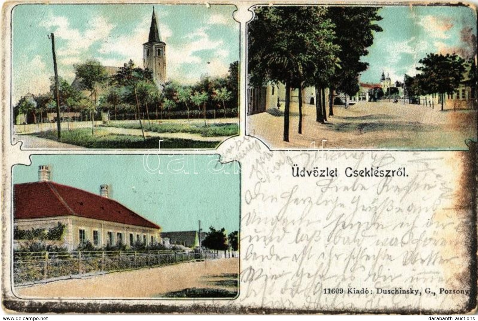 T2/T3 Cseklész, Ceklís, Bernolákovo; Templom, Fő Utca, Iskola (?). Duschinsky Kiadása / Church, Main Street, School (?)  - Non Classés