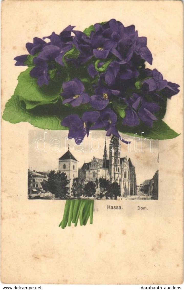 * T3 Kassa, Kosice; Dóm. Ibolyacsokor Montázs. Varga Bertalan Kiadása / Dome. Montage With Violet Bouquet (Rb) - Non Classés