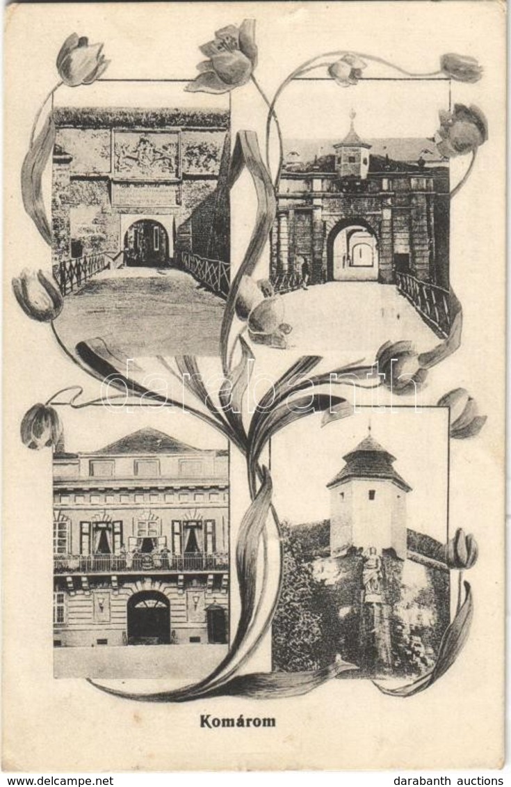 T2/T3 1914 Komárom, Komárnó; Várkapuk, Kőszűz, Várparancsnokság / Castle Gates, Statue, Castle Headquarters. Art Nouveau - Non Classés