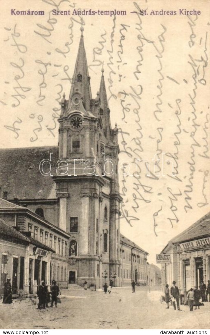 T2/T3 Komárom, Komárnó; Szent András Templom, Utca, Korén József és Leisz Nándor üzlete / Street View With Church And Sh - Non Classés