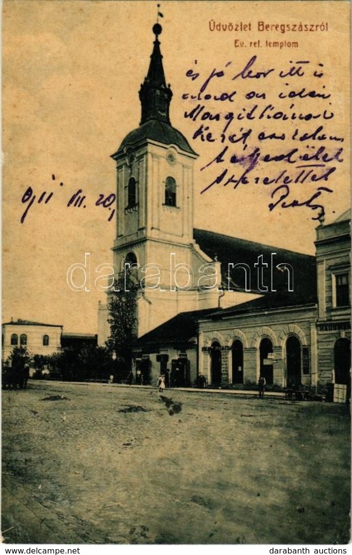 T2/T3 1911 Beregszász, Berehove; Református Templom, Liszt Raktár, Hausmann üzlete. Kiadja Farkas J. W.L. (?) 1951a. / C - Non Classés