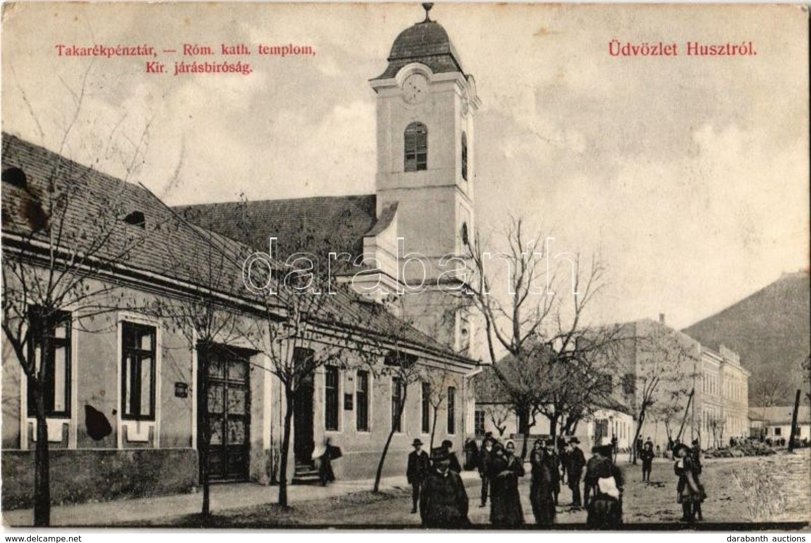 T2/T3 1909 Huszt, Chust, Khust; Takarékpénztár, Római Katolikus Templom, Kir. Járásbíróság / Savings Bank, Church, Count - Non Classés