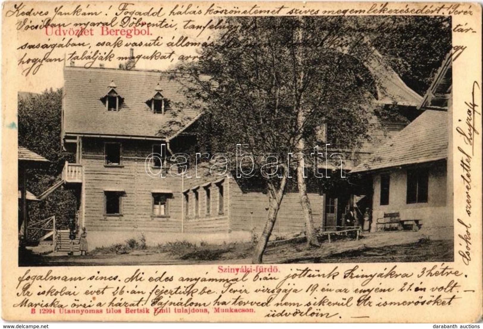 T2/T3 1905 Kékesfüred, Sinjak, Synyak, Synjak (Bereg); Szinyáki Fürdő. Bertsik Emil Tulajdona / Spa House (EK) - Ohne Zuordnung