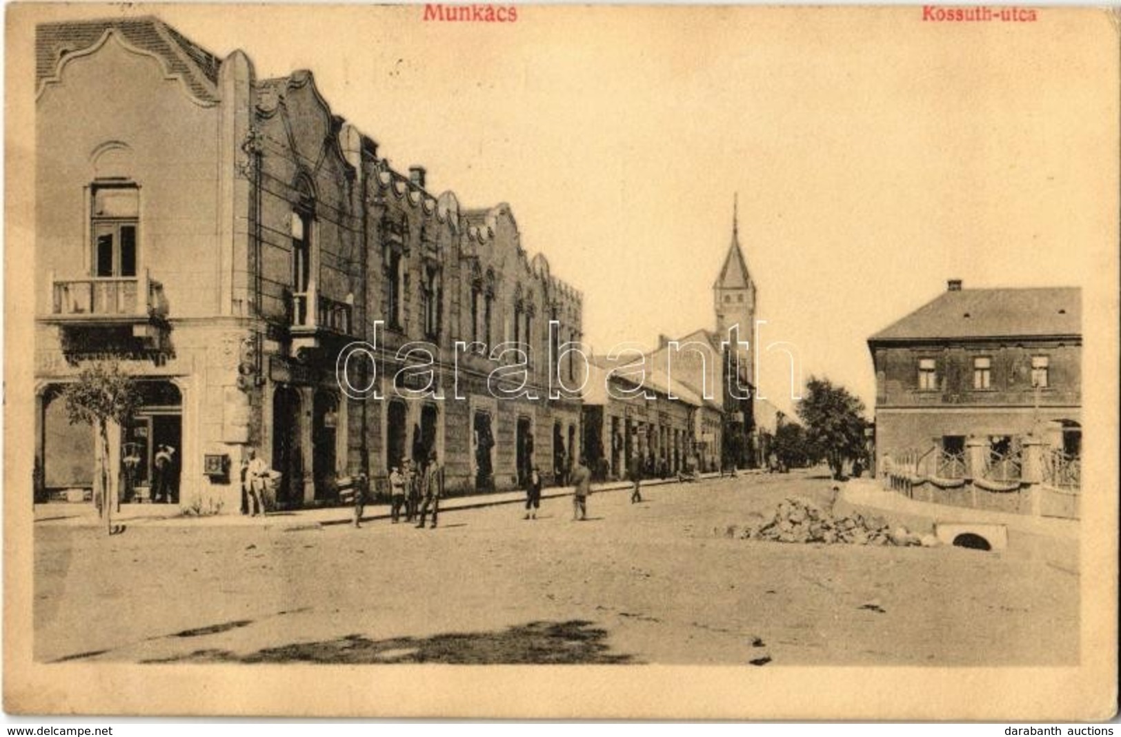 T2 Munkács, Mukacheve, Mukachevo, Mukacevo; Kossuth Utca, Goldstein Sándor és Berger Herman üzlete / Street, Shops - Ohne Zuordnung