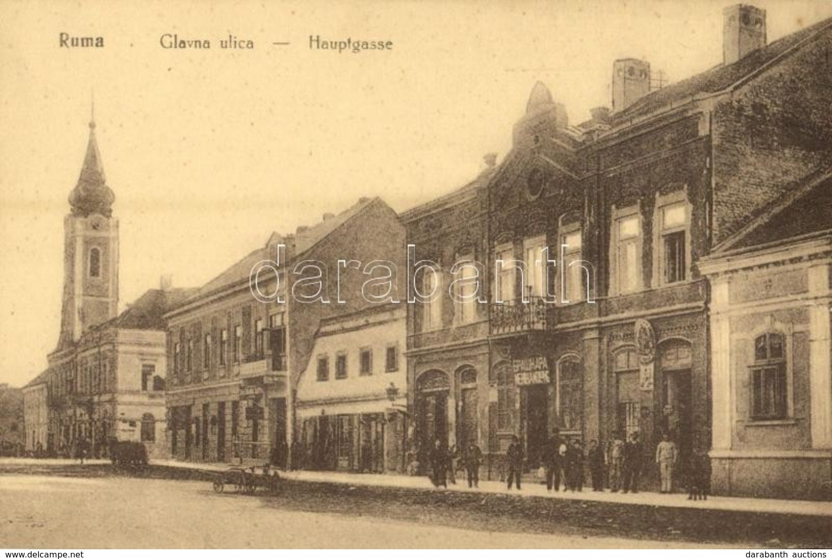 ** T1 Árpatarló, Ruma; Fő Utca, Templom, üzlet / Glavna Ulica / Hauptgasse / Main Street, Church, Shop - Ohne Zuordnung