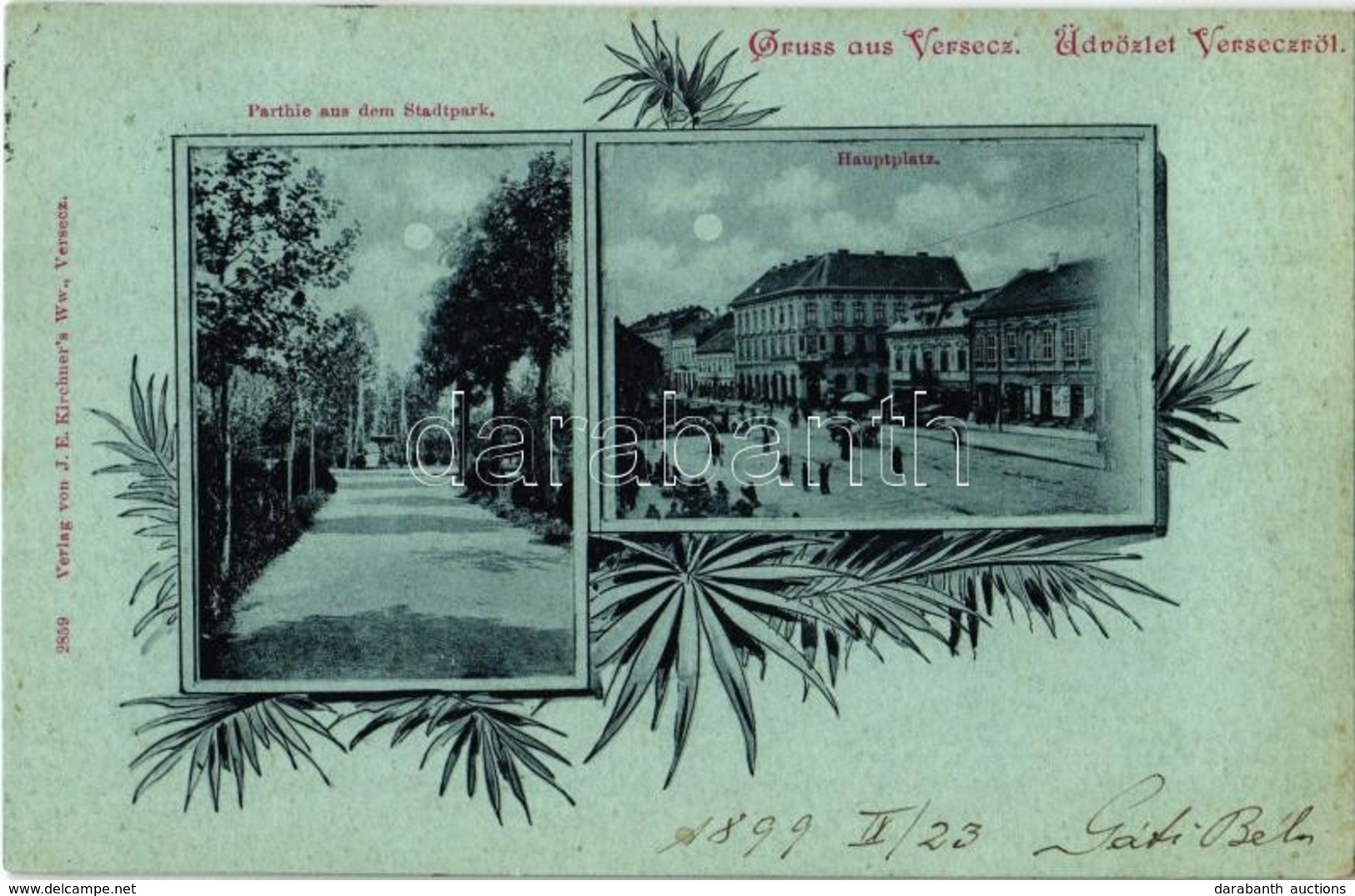 T2 1899 (Vorläufer!) Versec, Werschetz, Vrsac; Városliget, Fő Tér, Este, üzletek. J. E. Kirchner / Stadtpark, Hauptplatz - Ohne Zuordnung