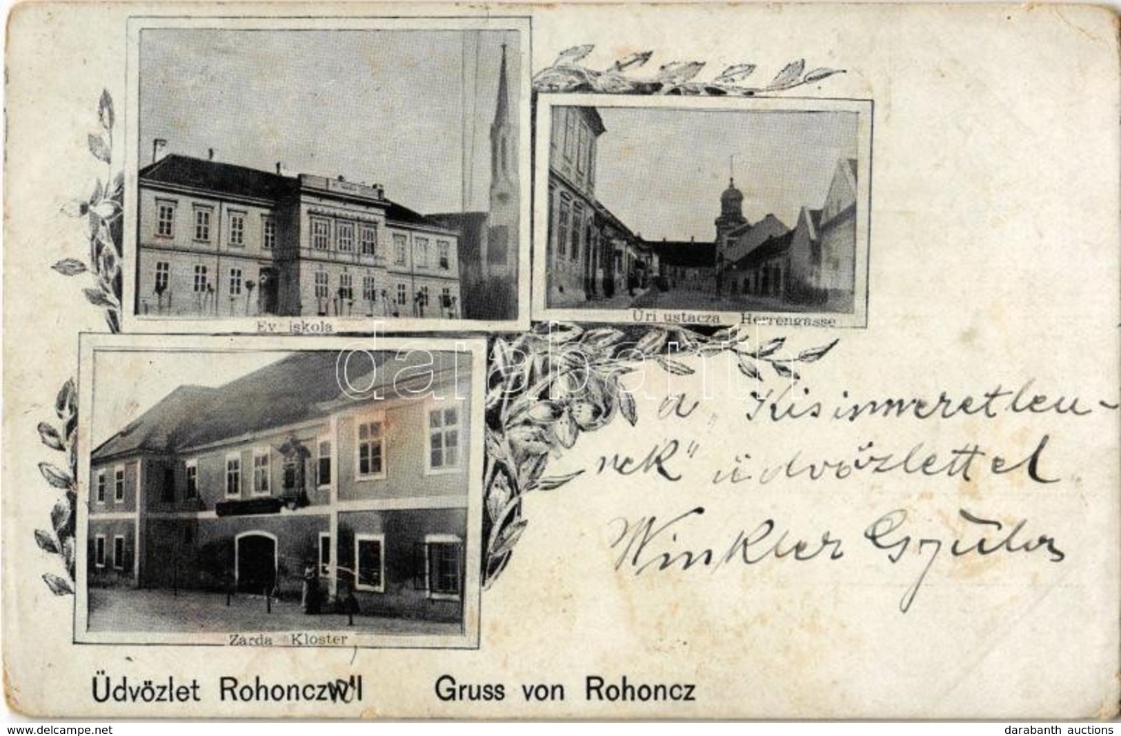 * T2/T3 1899 Rohonc, Rechnitz; Evangélikus Iskola, Úri Utca, Zárda / Schule, Herrengasse, Kloster / School, Street, Cloi - Ohne Zuordnung