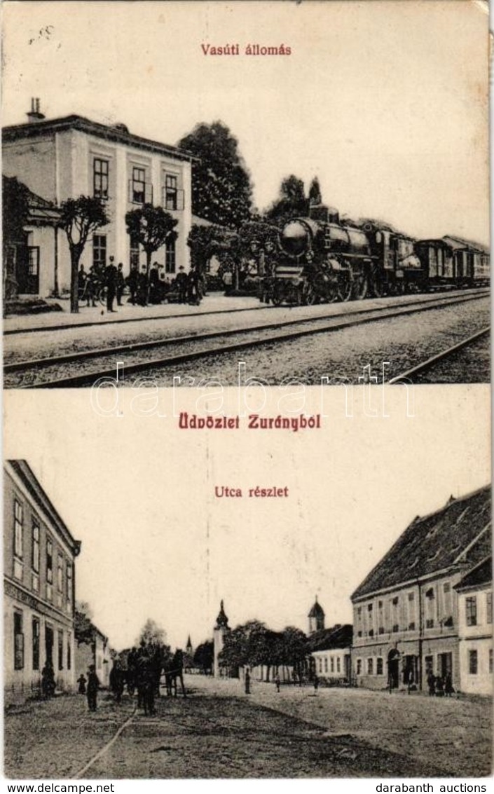 T2 1912 Zurány, Zarándfalva, Zurndorf; Vasútállomás, Gőzmozdony, Vasutasok, Kerékpár, Fő Utca, üzlet, Templom / Bahnhof  - Non Classés