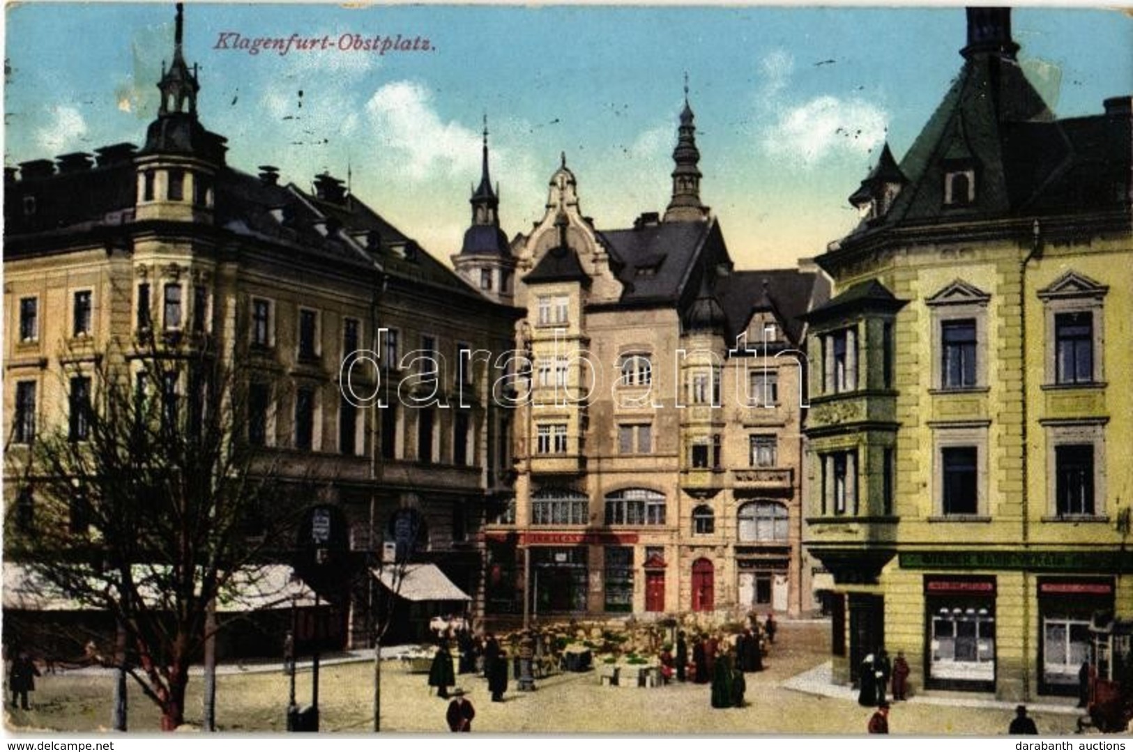 T2 1917 Klagenfurt, Obstplatz, Wiener Bank Verein / Market Square, Bank, Shops - Non Classés