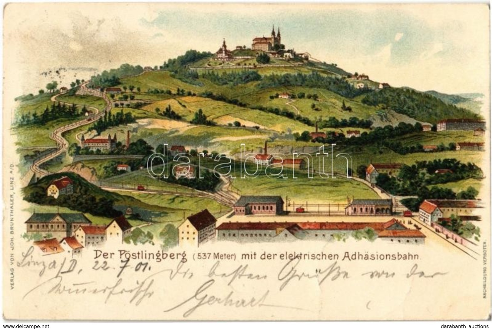 T2 1901 Linz, Der Pöstlingbergmit Der Elektrischen Adhäsionsbahn / Electric Funicular Railway. Joh. Brunthaler Litho - Non Classés