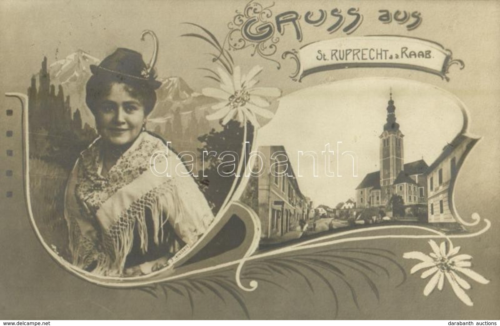 T2 1906 Sankt Ruprecht An Der Raab, Gruss Aus... / Art Nouveau, Floral Greeting Card With Lady - Non Classés