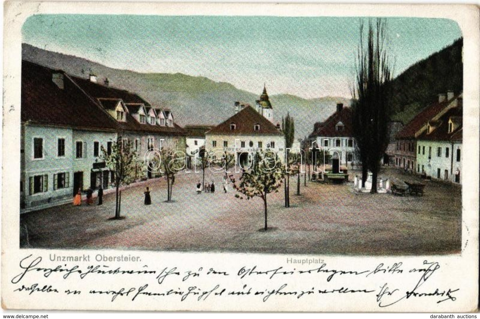 T2/T3 1902 Unzmarkt (Obersteier), Hauptplatz, Hotel / Main Square, Hotel, Shops - Ohne Zuordnung