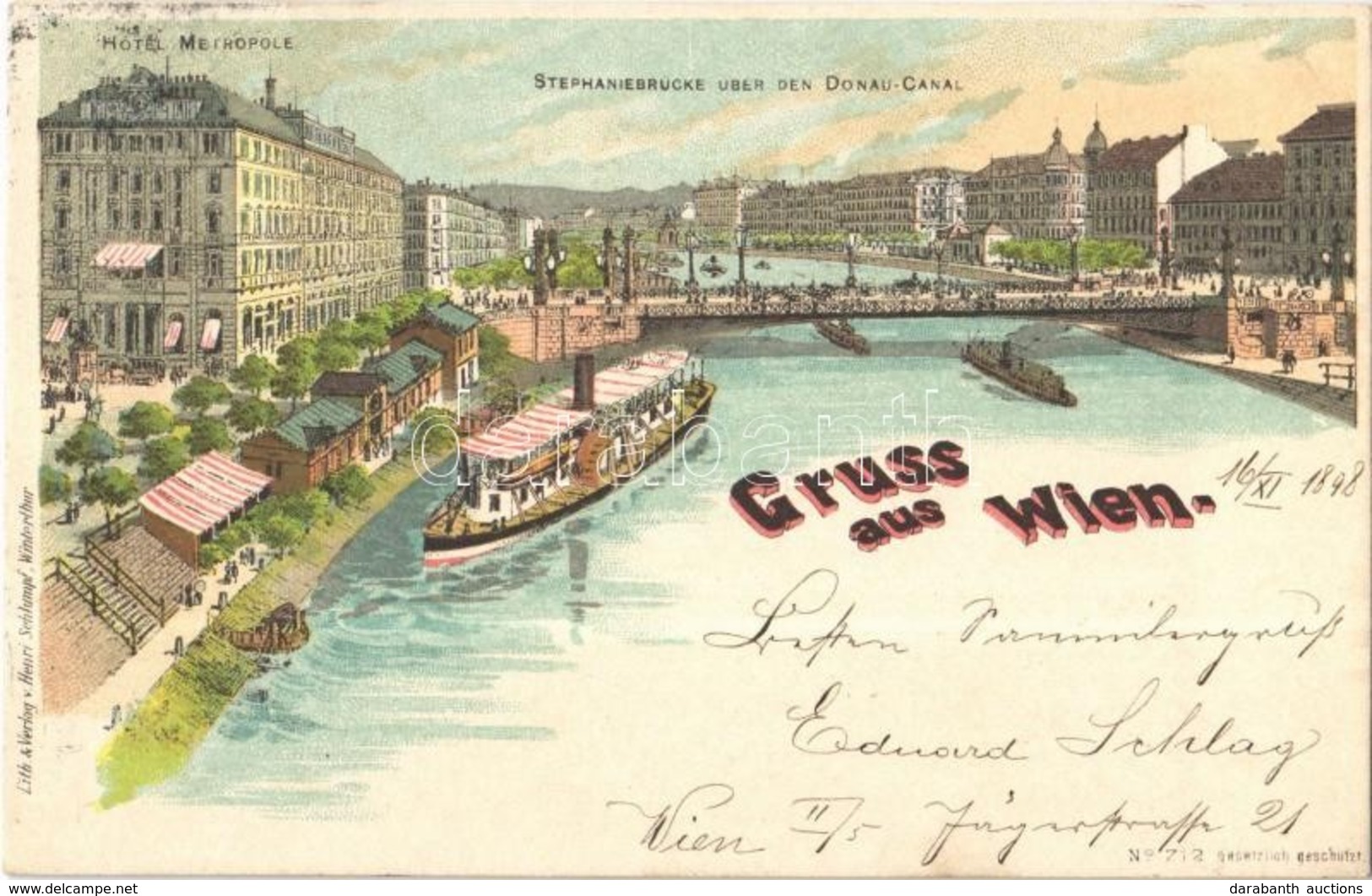 T2 1898 Wien, Vienna, Bécs; Stephaniebrücke Uber Den Donau Canal / Bridge Over The Danube, Hotel Metropole. Henri Schlum - Non Classés