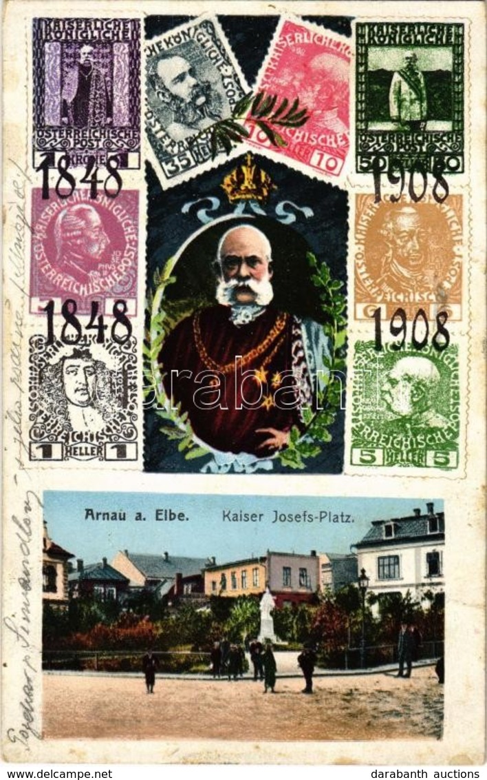 T2 1848-1908 Hostinné, Arnau Am Elbe; Kaiser Josefs Platz / Square, Franz Joseph's 60th Anniversary Of Reign, Stamps - Sin Clasificación